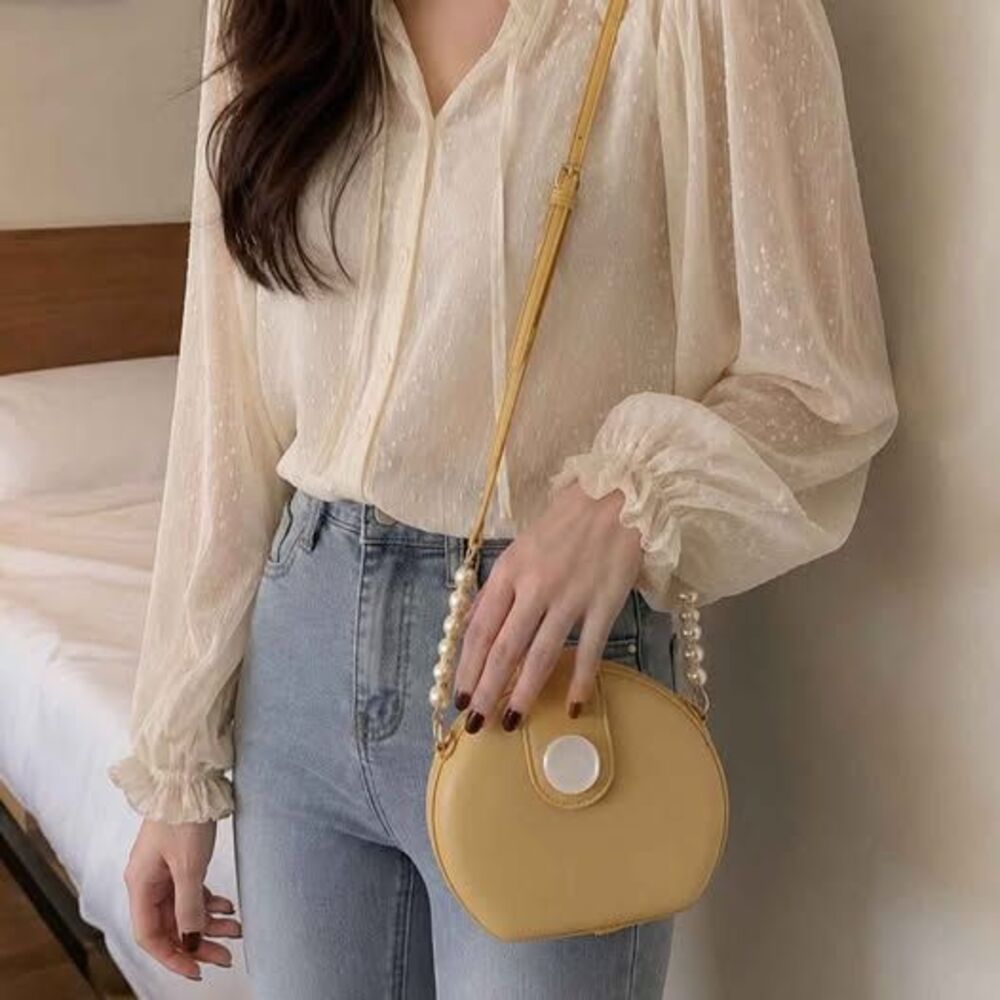 Cute Round Yellow Crossbody Bag with Pearl Handle